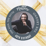 Birthday charcoal grey photo man myth legend classic round sticker<br><div class="desc">A charcoal grey background.   Text: The Man,  The Myth,  The Legend. Personalise and add his name,  age and photo.</div>