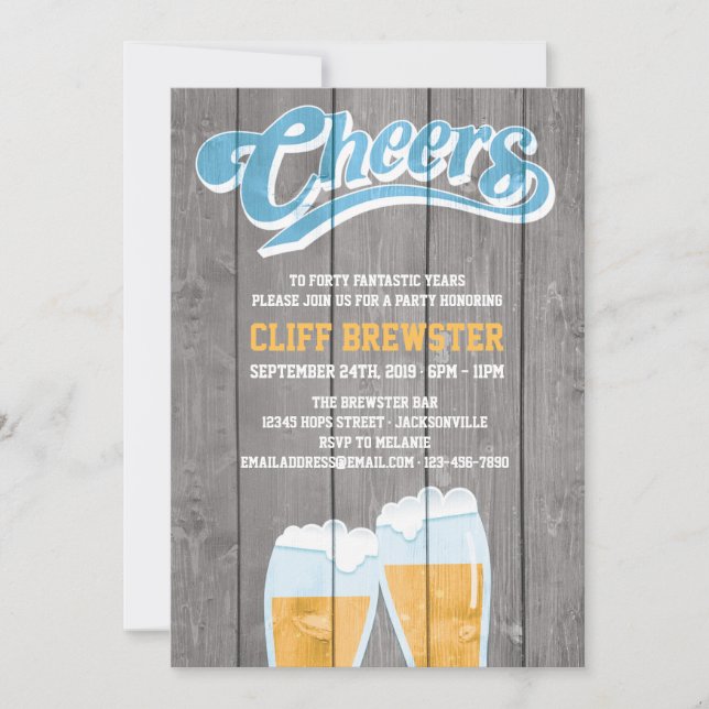 Birthday Cheers and Beers with Wood Invitation (Front)