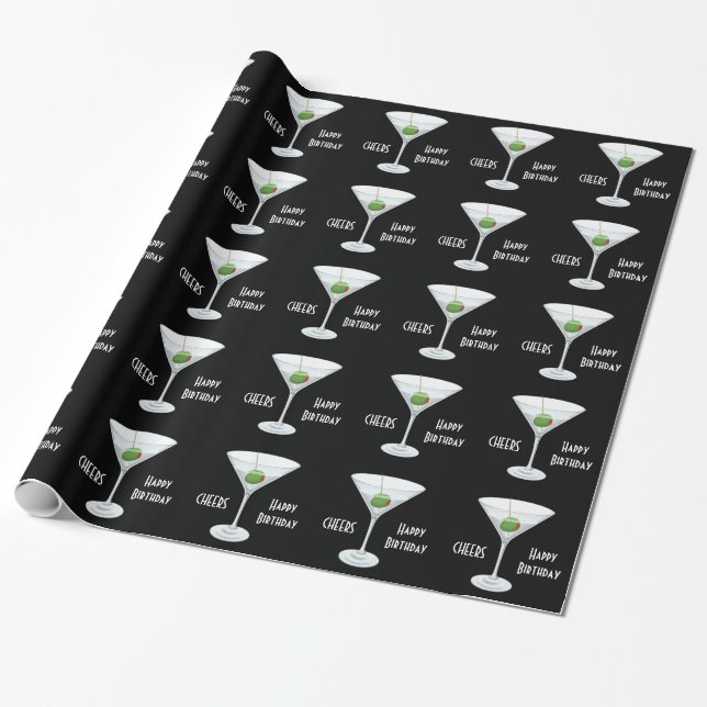 Birthday Cheers Martini Glass Olive Cocktail Black Wrapping Paper (Unrolled)