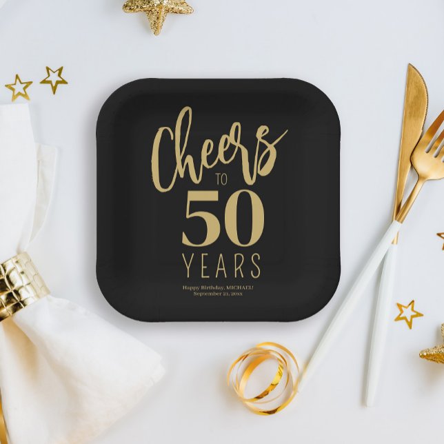 Birthday cheers to 50 years custom gold black paper plate (Creator Uploaded)