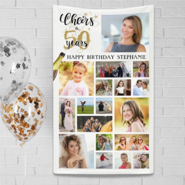 Birthday CHEERS TO # YEARS Black Gold 18 Photo Banner (Creator Uploaded)