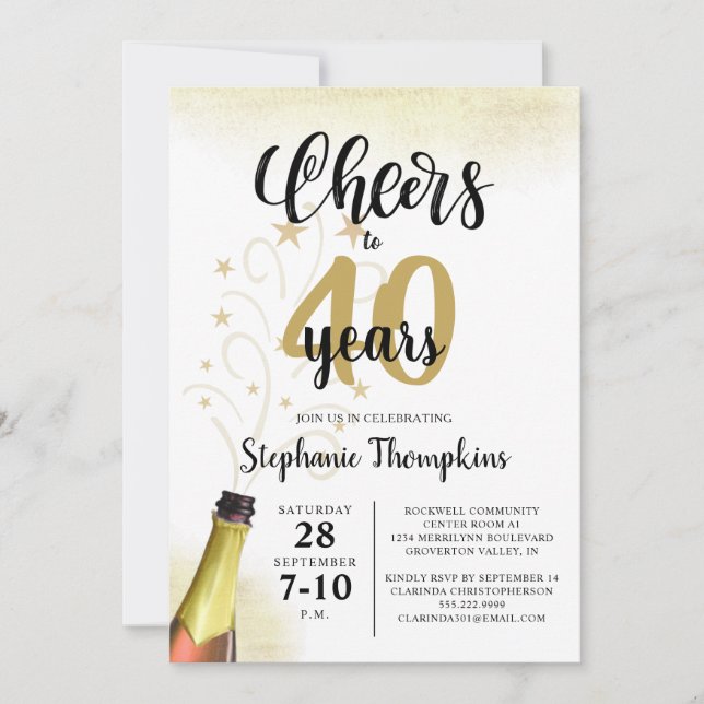 Birthday CHEERS TO # YEARS Black Gold Script Invitation (Front)