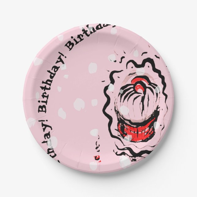 Birthday Cherry Cupcake Doodle on pink Paper Plate (Front)