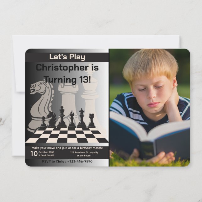Birthday Chess Invitation Game Theme with photo (Front)