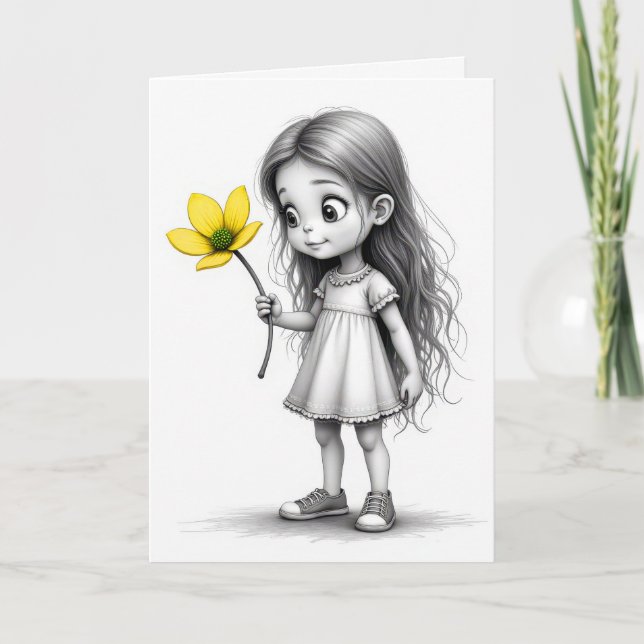 Birthday Chibi Child With Yellow Flower Card (Front)