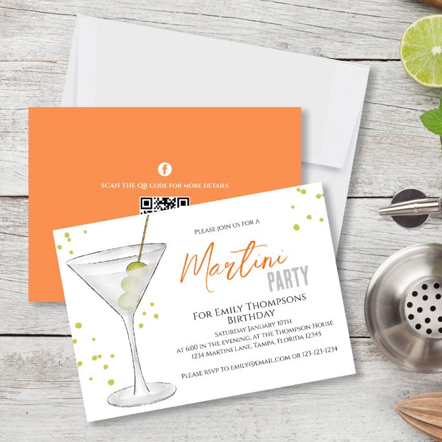 Birthday Chic Adult Watercolor Martini Cocktail Invitation (Birthday party invitation with a watercolor martini and a scannable QR Code. )