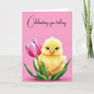 Birthday Chick In Pink Tulip Card