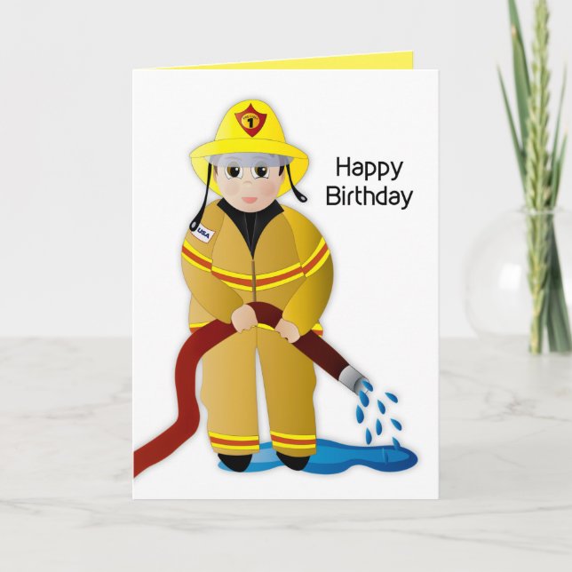 Birthday Child Boy Firefighter with Water Hose Card (Front)