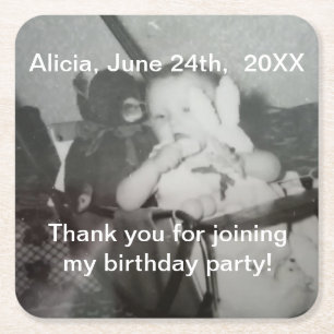 Birthday Child Photo Name Thank You Square Paper Coaster