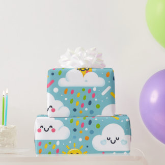 Birthday Clouds Raining Confetti With Smiling Suns Wrapping Paper