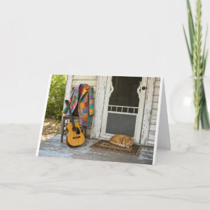 Birthday Coat of Many Colours with Guitar and Cat Card
