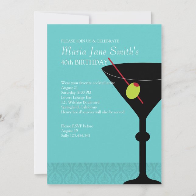 Birthday Cocktail Turquoise Martini and Merriment Invitation (Front)