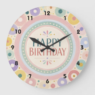 Birthday Colorful Retro Circle Pattern Large Clock