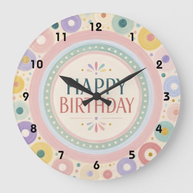 Birthday Colorful Retro Circle Pattern Large Clock (Front)