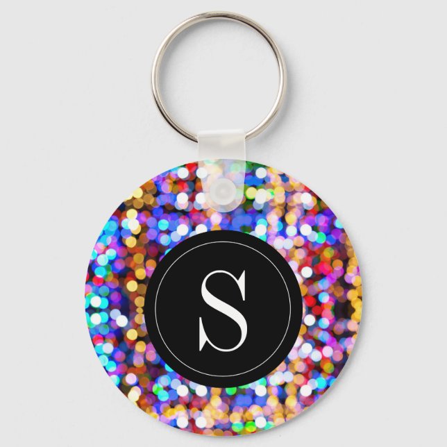 Birthday Colourful Bokeh Lights Monogram Initial Key Ring (Front)