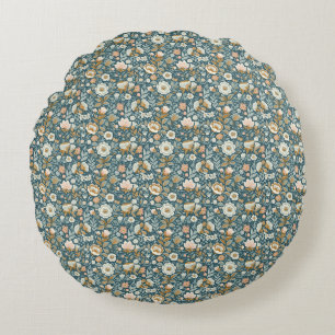 Birthday Colourful Floral In Blue, Brown, and Beig Round Cushion