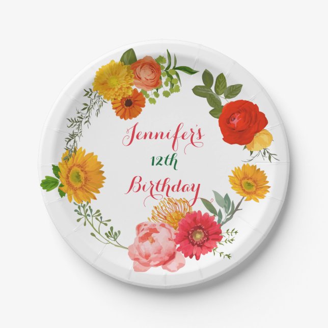 Birthday Colourful Floral Wreath Paper Plate (Front)
