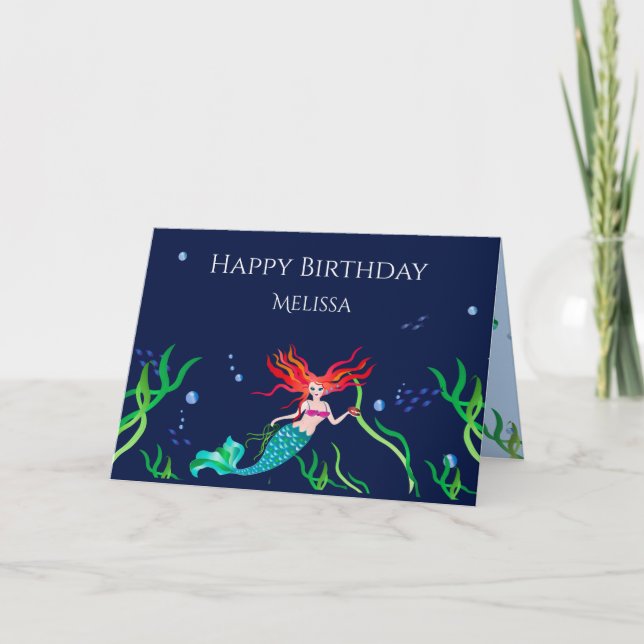 Birthday  Colourful Mermaid in the Sea Name Insert Card (Front)