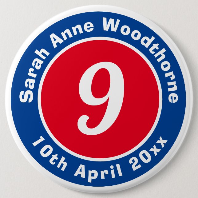 Birthday Commemoration with Name, Age, & Date 6 Cm Round Badge (Front)