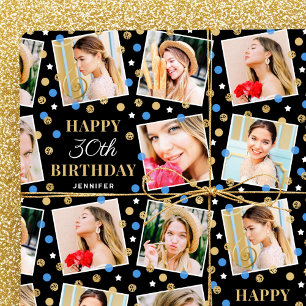 Birthday Confetti Custom Name Photo Collage Blue Wrapping Paper