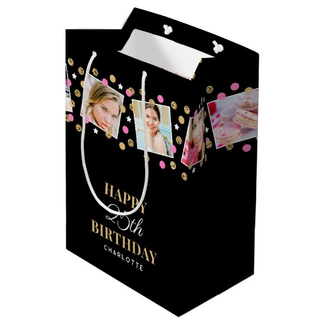 Birthday Confetti Custom Name Photo Collage Pink Medium Gift Bag (Back Angled)