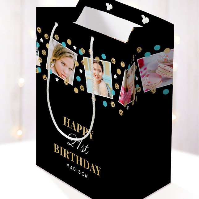 Birthday Confetti Custom Name Photo Collage Teal Medium Gift Bag (Creator Uploaded)