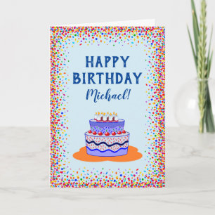 Birthday Cool Blue Cake Colourful Confetti Card