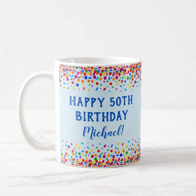 Birthday Cool Blue Colourful Confetti Coffee Mug (Left)