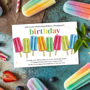Birthday Cool Rainbow Popsicles Sprinkles Custom Invitation