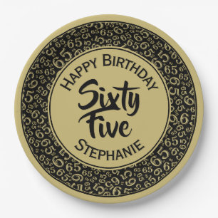 Birthday Cool Random Number Pattern Black/Gold Paper Plate