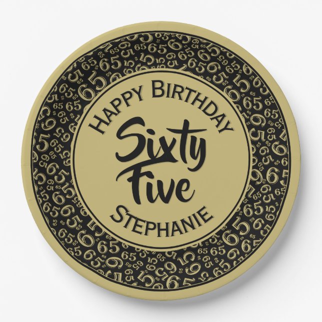 Birthday Cool Random Number Pattern Black/Gold Paper Plate (Front)