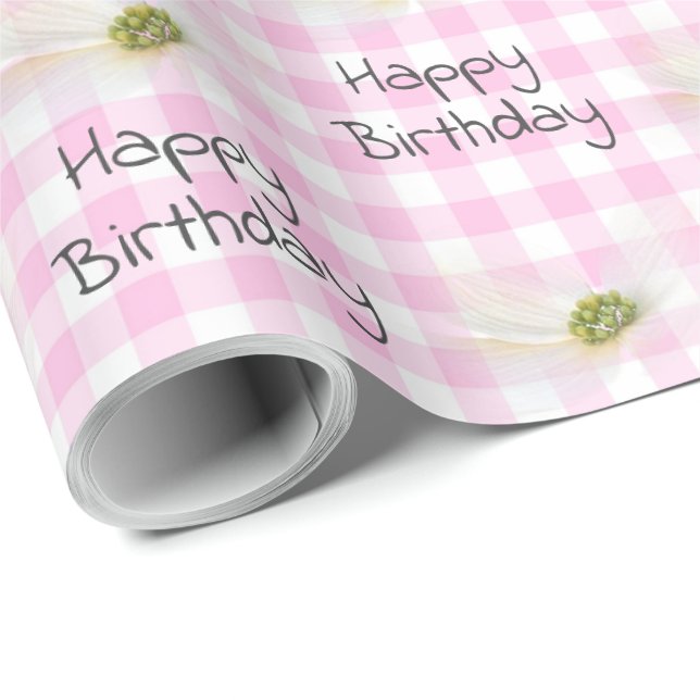 Birthday Cosmos Flowers On Pink Gingham Wrapping Paper (Roll Corner)
