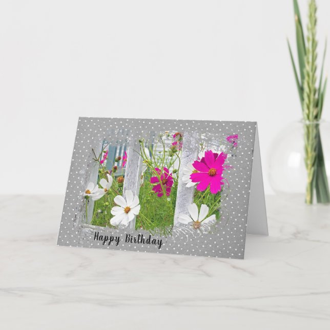 Birthday Cosmos on Polka Dots Card (Front)