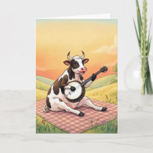 Birthday Cow Playing a Banjo on a Blanket Card