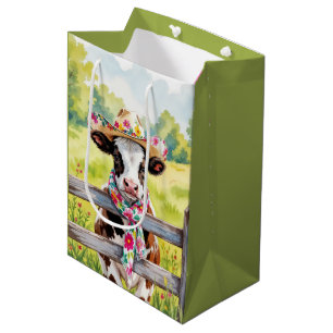 Birthday Cow Wearing a Floral Print Hat Medium Gift Bag