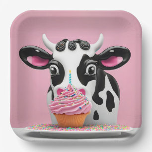 Birthday Cow With Cupcake On Pink Paper Plate