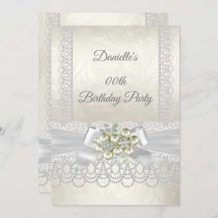 Birthday Cream White Pearl Lace Damask Diamond Invitation