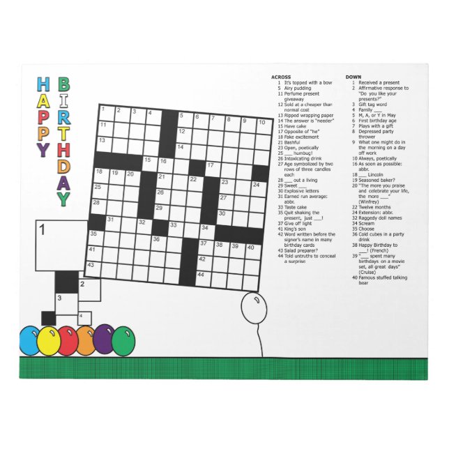 Birthday Crossword Puzzle (48 Clues) Notepad (Front)