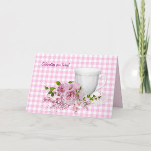 birthday cup and saucer with pink peonies card