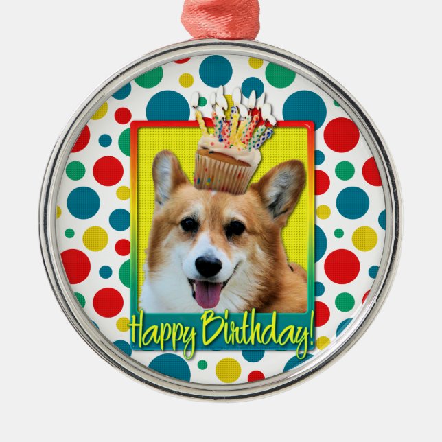 Birthday Cupcake - Corgi - Owen Metal Tree Decoration (Front)