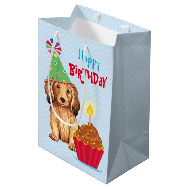 Birthday Cupcake Longhaired Dachshund Medium Gift Bag (Front Angled)