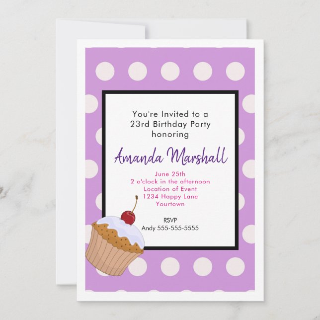 Birthday Cupcake on a Purple Polka Dot Pattern Invitation (Front)