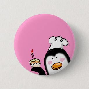 Birthday cupcake penguin chef 6 cm round badge