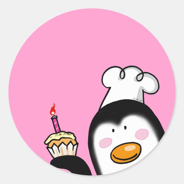 Birthday cupcake penguin chef classic round sticker (Front)