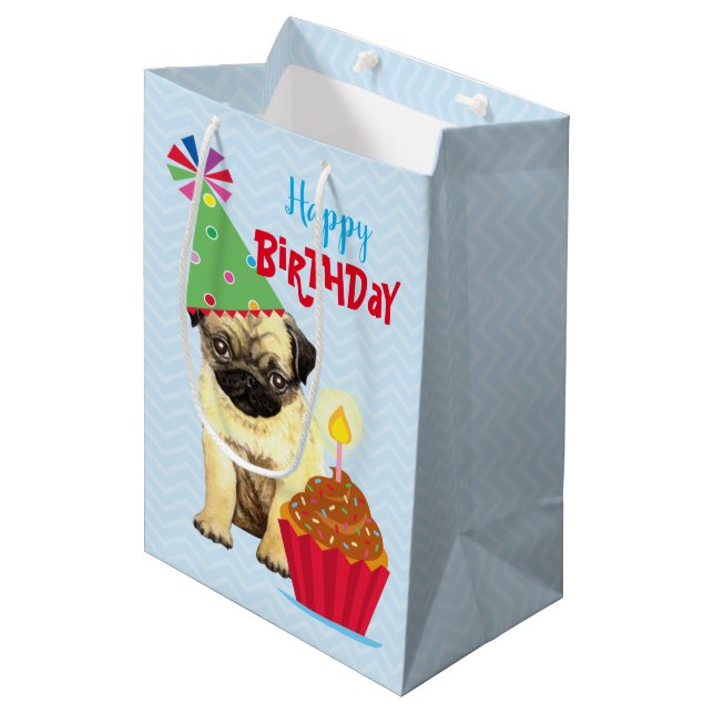 Birthday Cupcake Pug Medium Gift Bag (Front Angled)