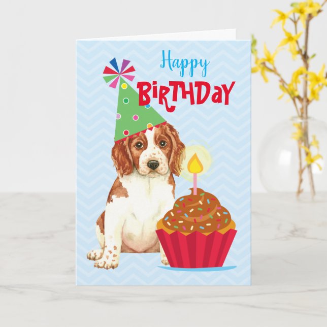 Birthday Cupcake Welsh Springer Spaniel Card (Yellow Flower)