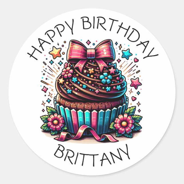 Birthday Cupcake Whimsical Personalised Classic Round Sticker (Front)