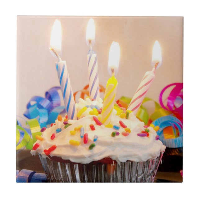 Birthday Cupcake with Candles Ceramic Tile (Front)