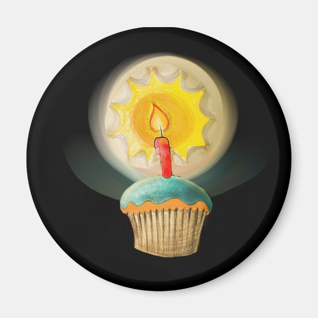 Birthday Cupcake with Glowing Candle  Button Magnet (Front)