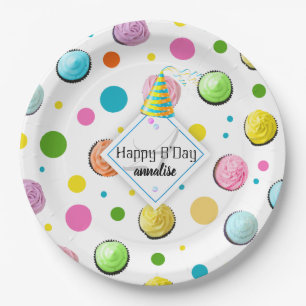 Birthday Cupcakes and Dots Monogram Paper Plate